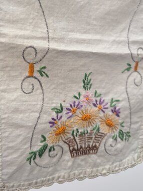 Handmade Embroidered Crochet Edge Linen Doily Ivory with Daisies, Cottagecore